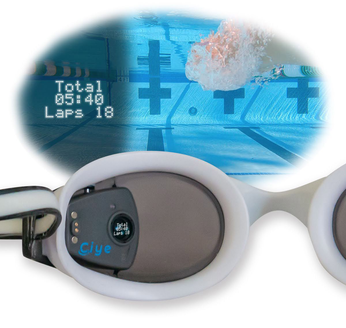 Close-up of the left lens of a Smart Goggle showing the small Ciye module. An overlay shows what the swimmer would see while wearing the goggles, with the laps displayed in the swimmer’s left view.