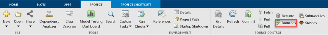 MATLAB Project tab showing the Branches button in the Source Control section of the toolstrip.