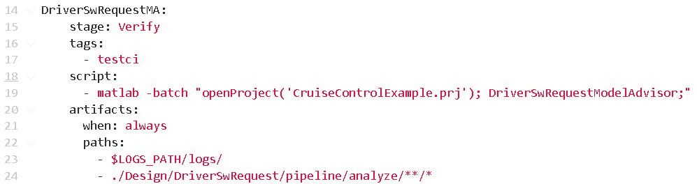 GitLab YAML for the DriverSwRequest model that defines a job named DriverSwRequestMA and uses the GitLab Runner named testci to run the job.