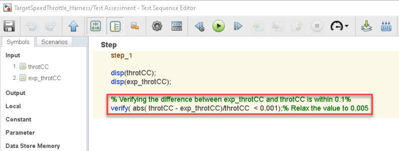 A Verify Statement inside the assessment that asserts that the difference between the expected and actual results should be less than 0.001.