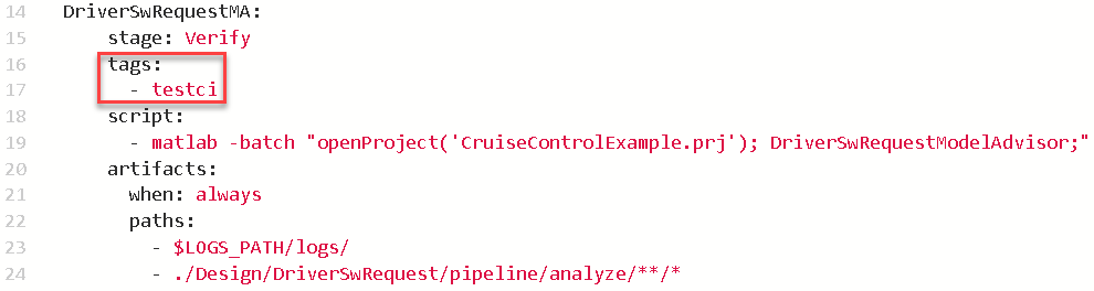 GitLab YAML for the DriverSwRequest model that defines a job named DriverSwRequestMA and uses the GitLab Runner named testci to run the job.