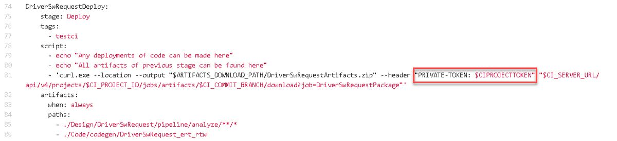YAML file showing the private token in a script section of the file.