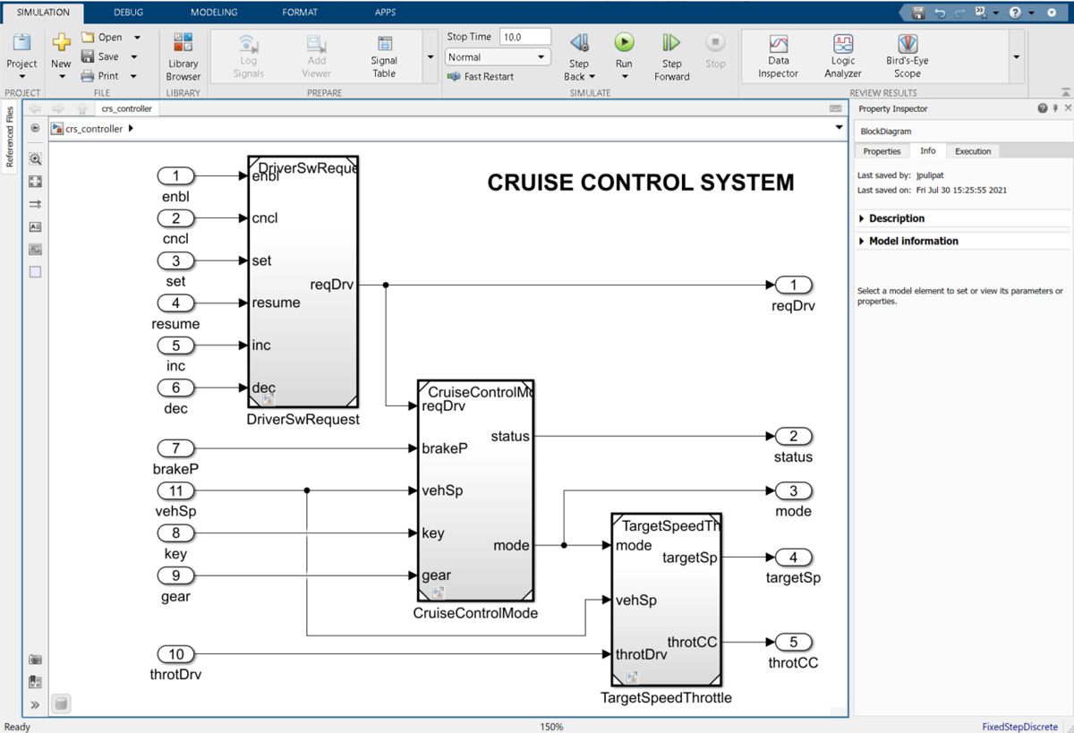 Cruise control system controller model with subsystems for driver software requests, cruise control modes, and target throttle speed.