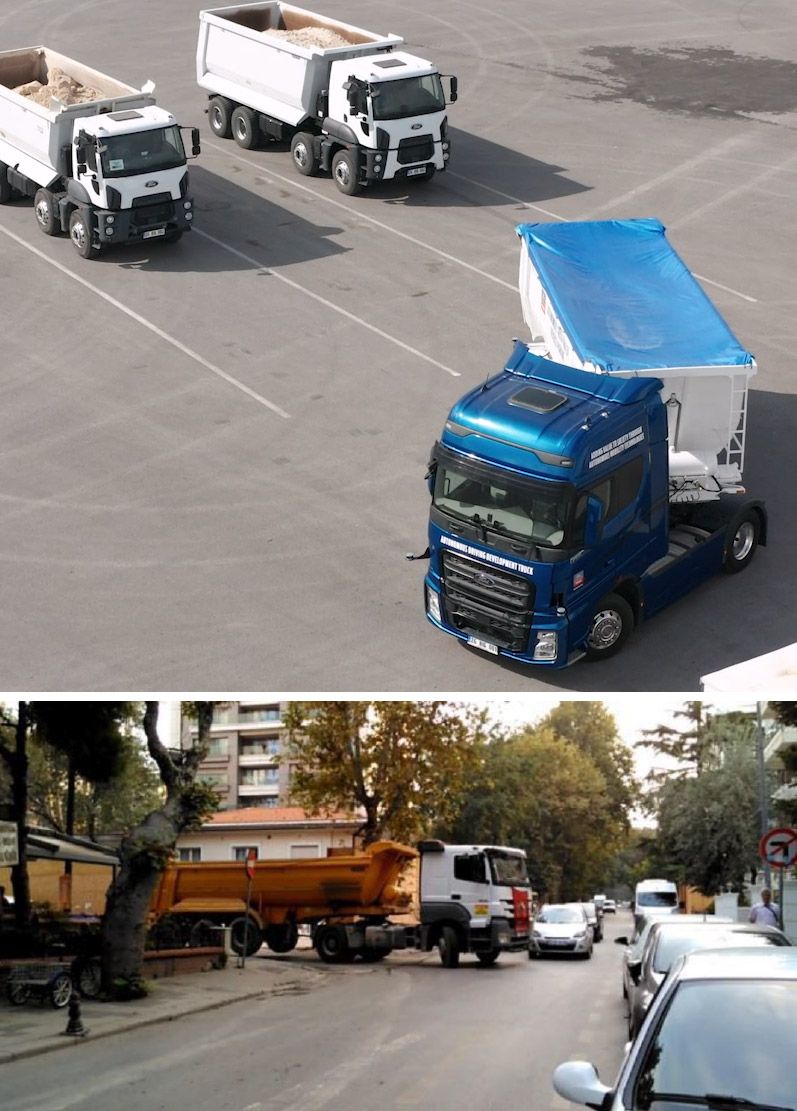 Figure 1. Truck-trailer combination on a test track representing a loading dock scenario (top) and an urban environment (bottom).