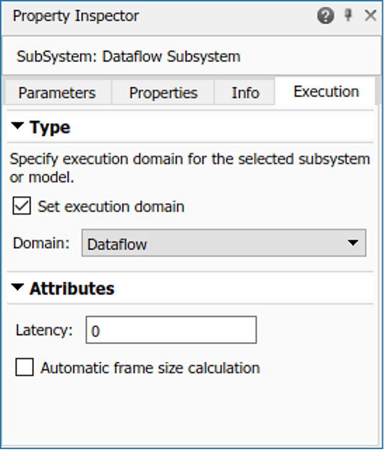 Screen capture of specifying dataflow as an execution domain in Property Inspector.