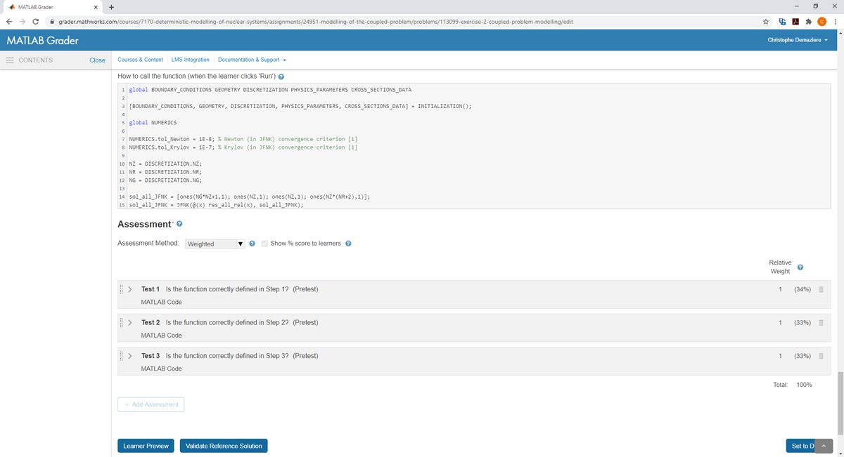 Figure 1. A coding exercise in MATLAB Grader for the short course on nuclear reactor modeling.