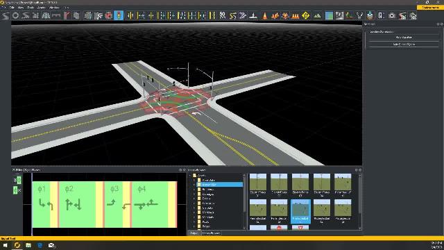 Learn how to create a road intersection with 4-way protected left turns in RoadRunner interactive editing software.