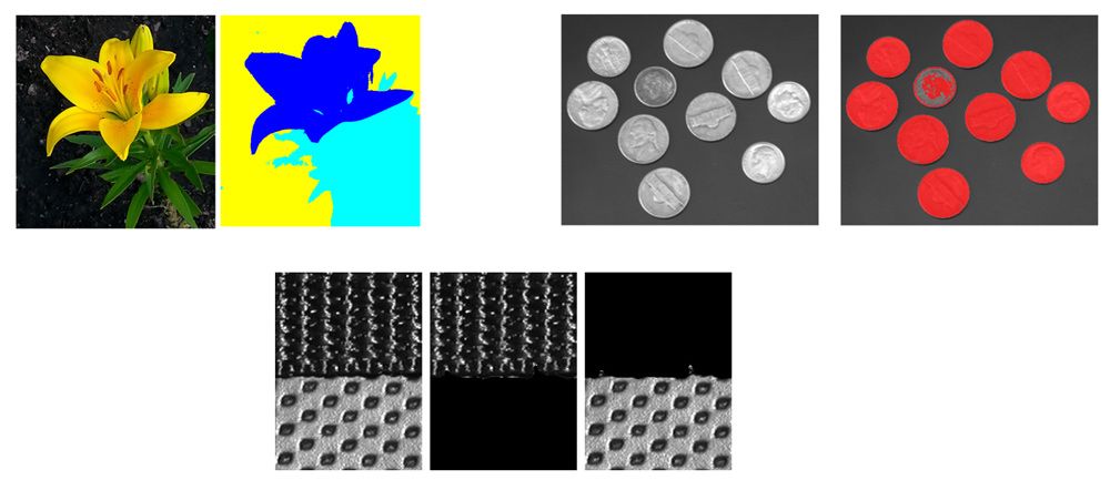 Three examples of image segmentation to identify regions, with side-by-side comparisons of the original and segmented images.