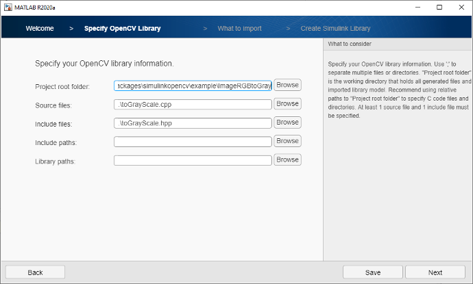 Specifying file locations for the OpenCV library.