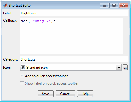 Shortcut Editor with Label set to FlightGear, Callback set to dos('runfg &);, Category set to Shortcuts, and Icon set to Standard Icon.