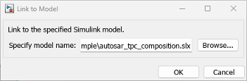 Link to Model dialog with autosar_tpc_composition model selected.