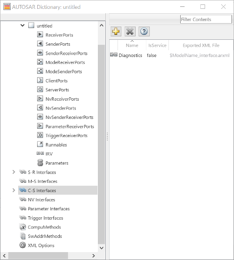 An AUTOSAR component dictionary showing Client Server interfaces.