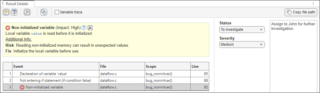 Result Details pane with review information set such as Status, Severity, and Comments.