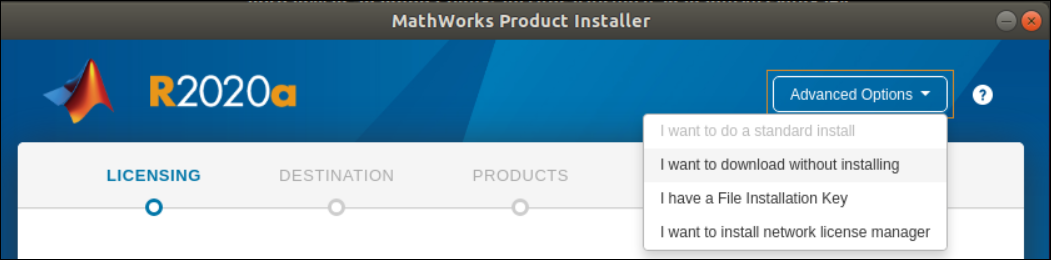 MathWorks Installer Advanced Options drop down