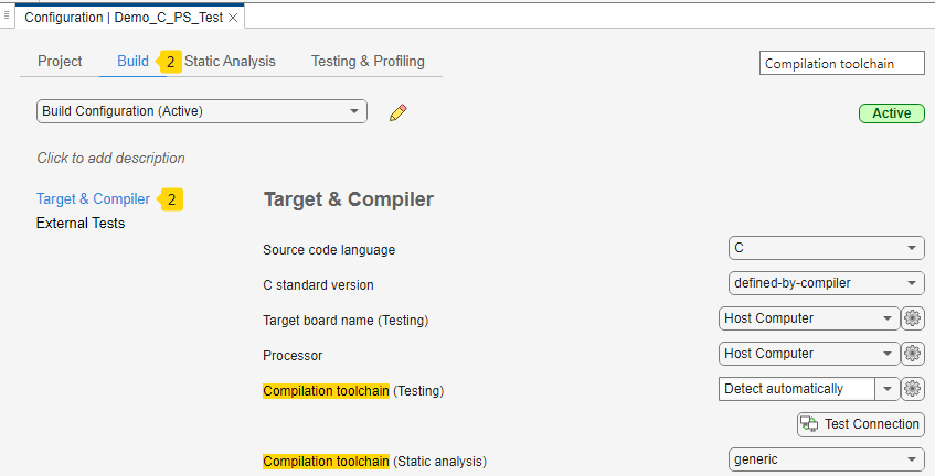 Searching for the option 'Compilation toolchain' shows two instances on the Build tab of the Configuration pane.