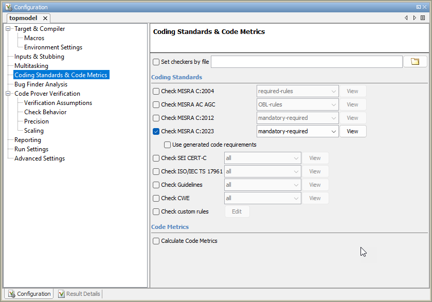 Example Coding Standards & Code Metrics pane