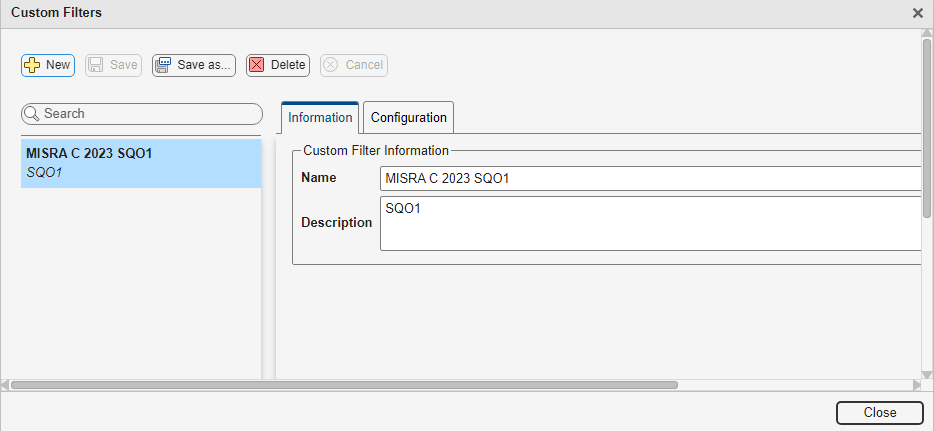 Custom filter dialog box showing a new custom filter with name and decription.