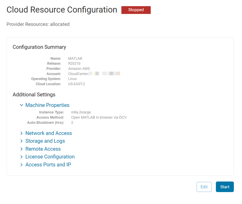 Details screen after cloud resource is stopped.