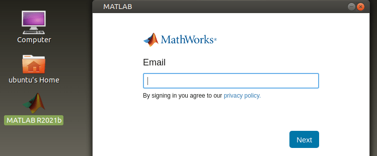 MATLAB opened with box to enter MathWorks account email.