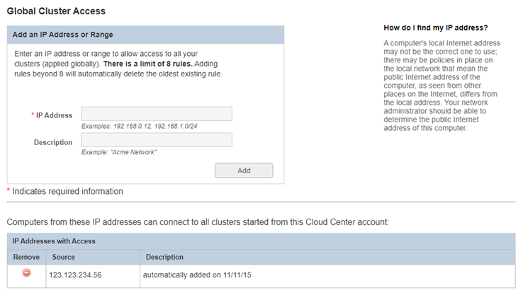 Global Cluster Access settings. You can add or remove IP Addresses to connect to the cluster.