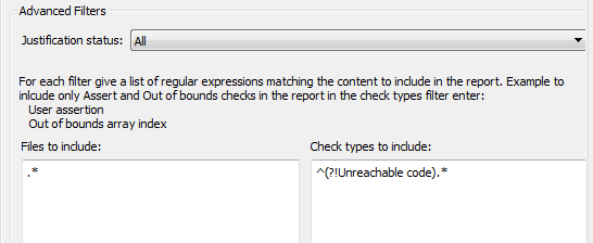 Advanced Filters group with the Unreachable code check type added to the Check types to include field.