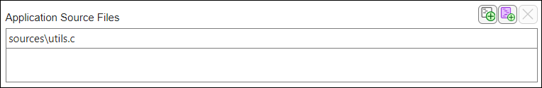 The option Application Source Files contains two buttons - one to add files by absolute path and another to add by relative path.