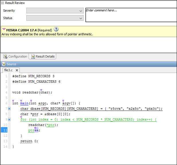 The Result Details pane shows a violation of MISRA C:2004 Rule 17.4.