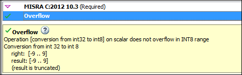 The Result Details pane shows that the conversion operation from int32 to int8 type does not overflow.