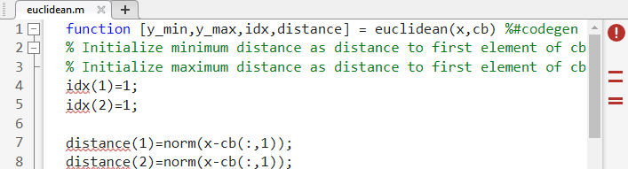 Code Analyzer window containing sample code, showing red indicator and underlining corresponding to detected code generation issues