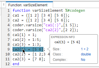 Code generation report, showing size of ca2{1}