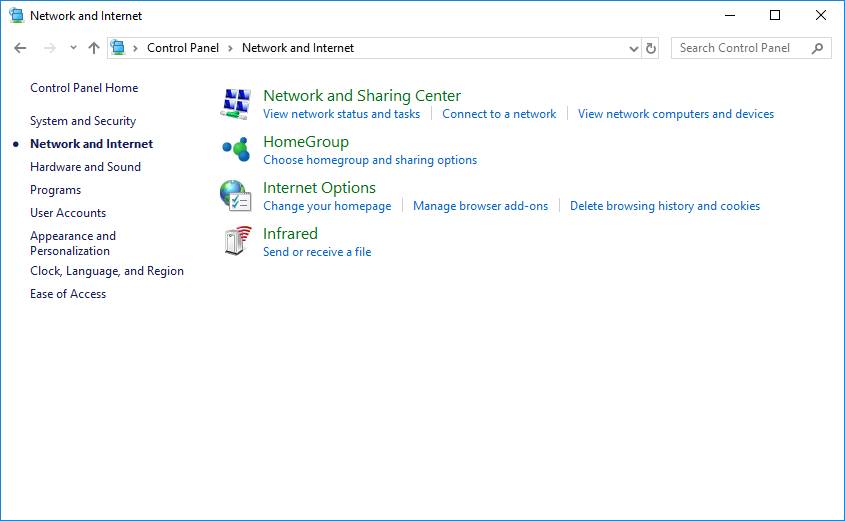 Navigate to Network and Sharing Center in Network and Internet setting.