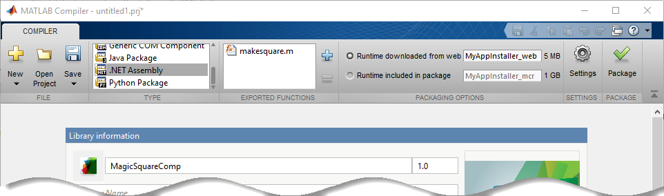 Library Compiler App with the .NET Assembly type selected