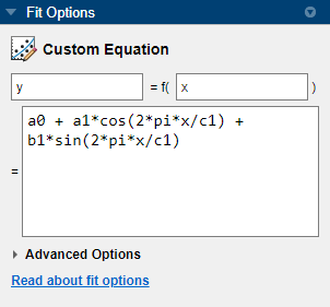 Fit Options pane with custom equation