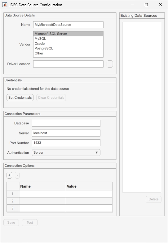 JDBC Data Source Configuration dialog box with the selected Microsoft SQL Server vendor