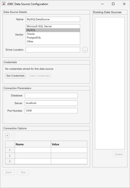 JDBC Data Source Configuration dialog box with the selected MySQL vendor