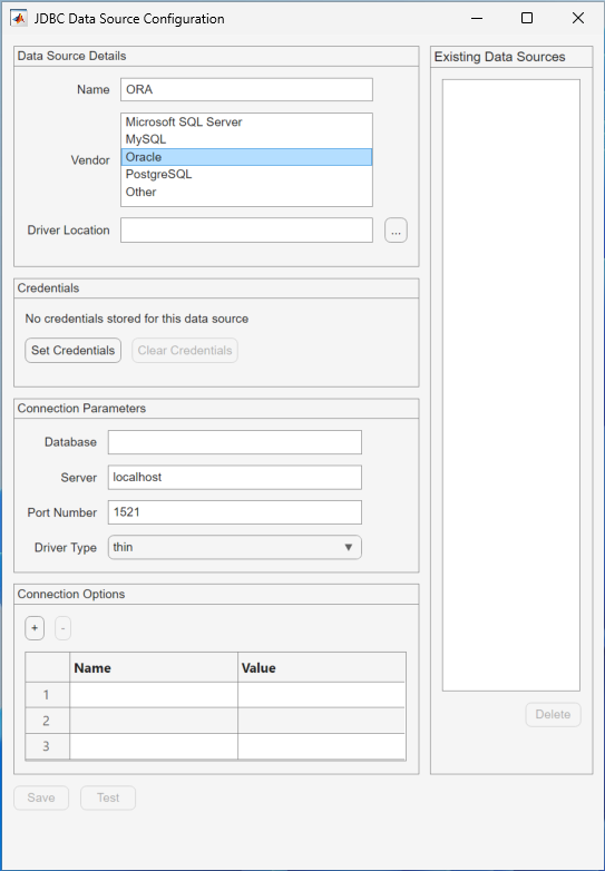 JDBC Data Source Configuration dialog box with the selected Oracle vendor