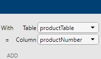 The right side of the Join tab shows the table productTable for the Table selection and the productNumber column for the Column selection.