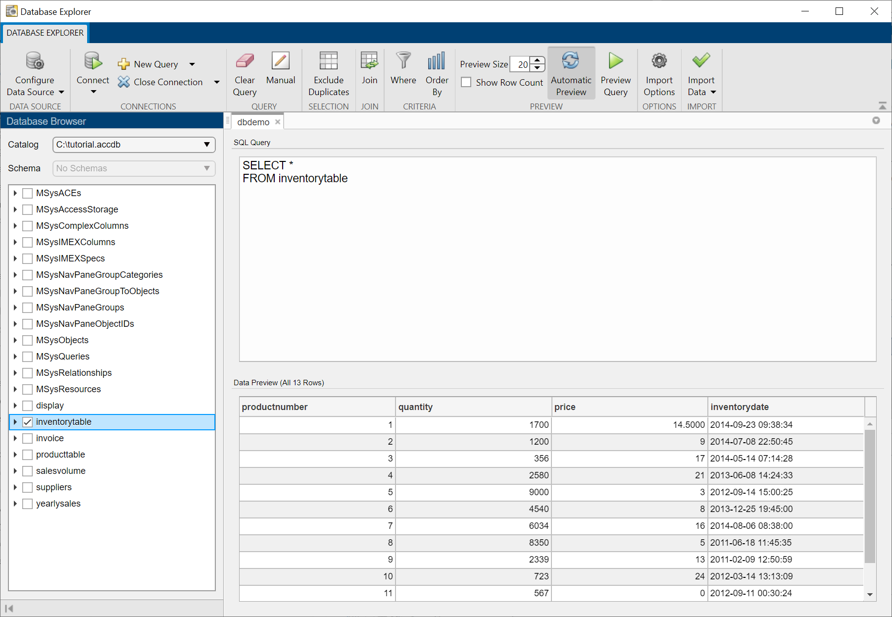 The Database Browser pane shows the selected table inventoryTable in the Database Explorer app. The SQL Query pane shows the SQL SELECT statement to select all data in the table. The Data Preview pane displays all data for all 13 rows in the table.