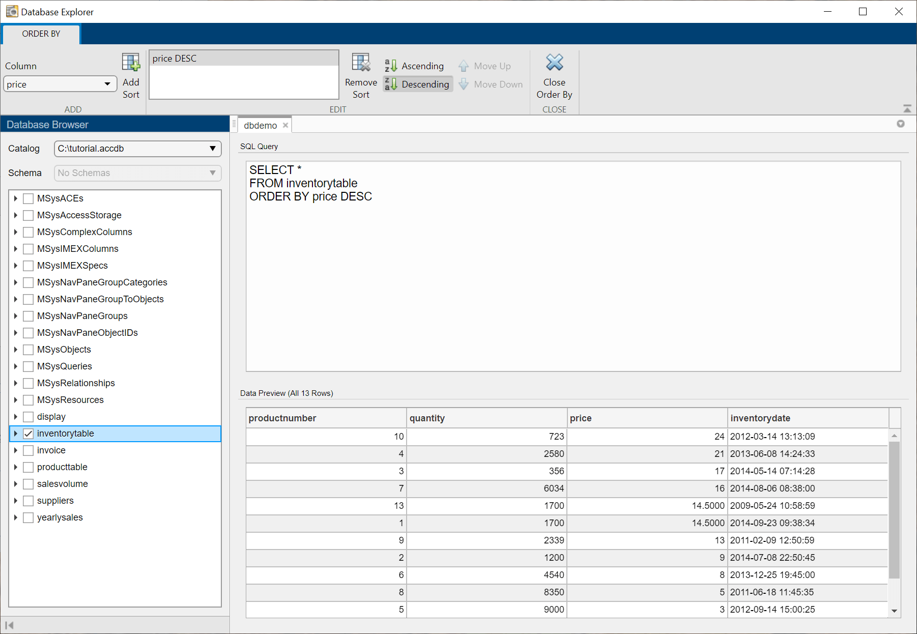 The Database Browser pane shows the selected table inventoryTable in the Database Explorer app. The SQL Query pane shows the SQL SELECT statement to select all data in the table and order the data by the price column in descending order. The Data Preview pane displays all data for all 13 rows in the table ordered by the price column.