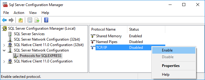 Sql Server Configuration Manager dialog box with the selected TCP/IP protocol and the Enable option selected in the context menu