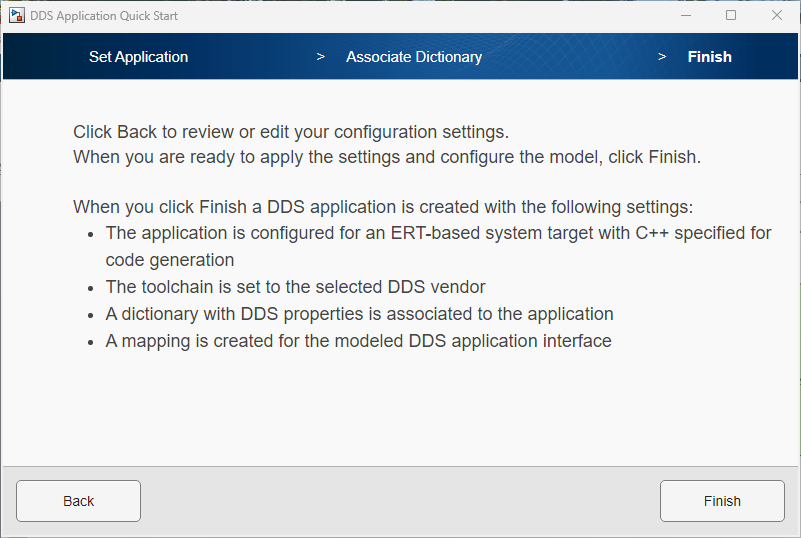 Display of configured settings in Finish pane of DDS Application Quick Start.