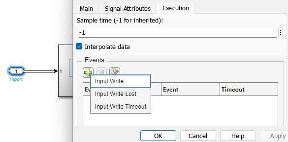 Block Parameters dialogue box to configure events on the input ports.