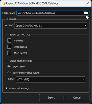 ASAM OpenSCENARIO Catalog export settings window