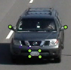 Green point ROI labels indicating side-view mirrors and license plate of a car.