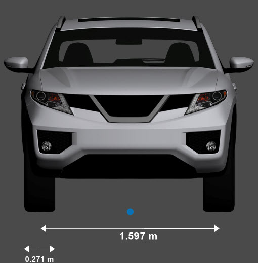 Front view of sport utility vehicle with the origin marked in blue beneath its center and its front tire width and front axle dimensions shown. The front tire width is 0.271 meters. The front axle width is 1.597 meters.