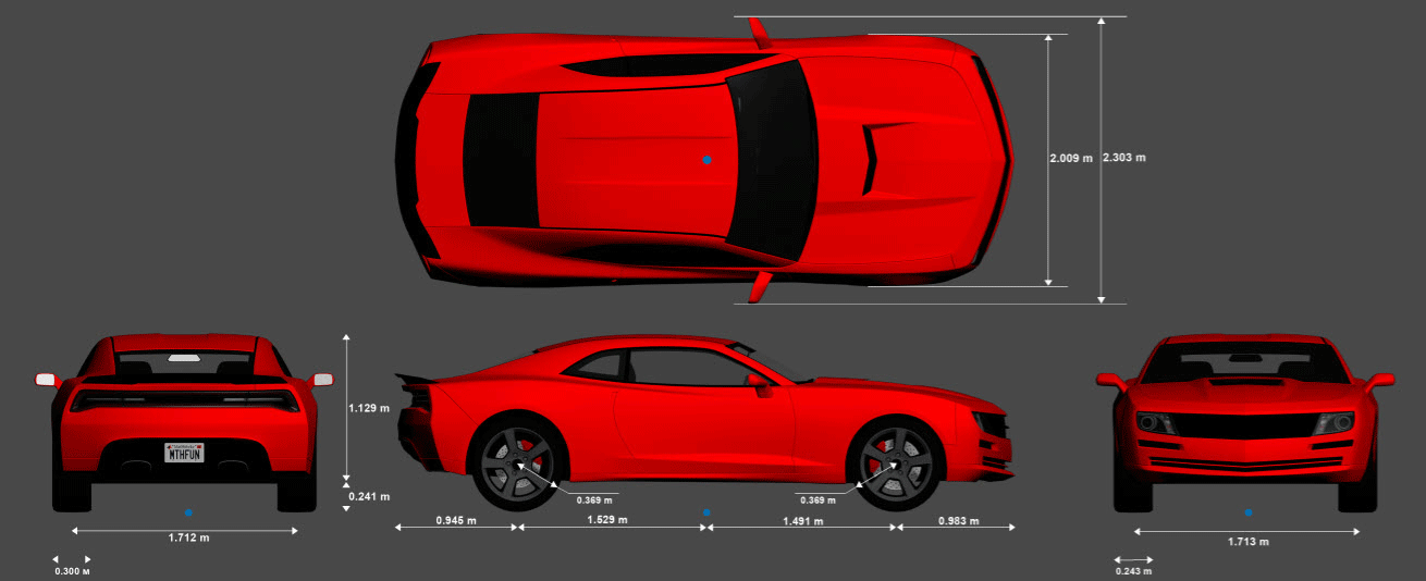 Muscle car from various views and the geometric center labeled