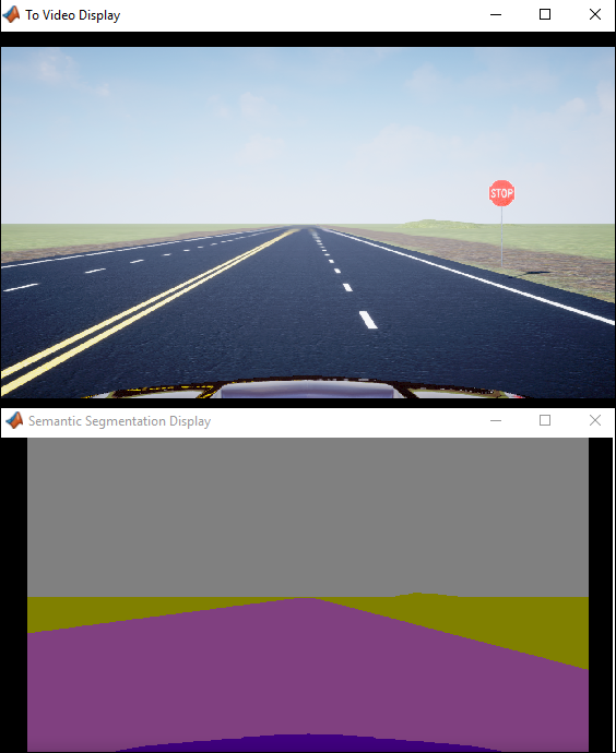 To Video Display window with stop sign displayed and Semantic Segmentation Display window with stop sign not displayed