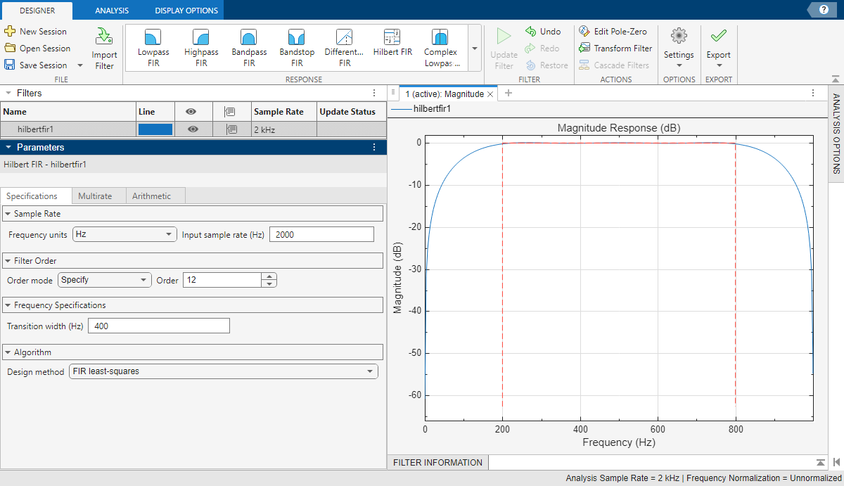 Hilbert FIR filter design using Filter Designer app