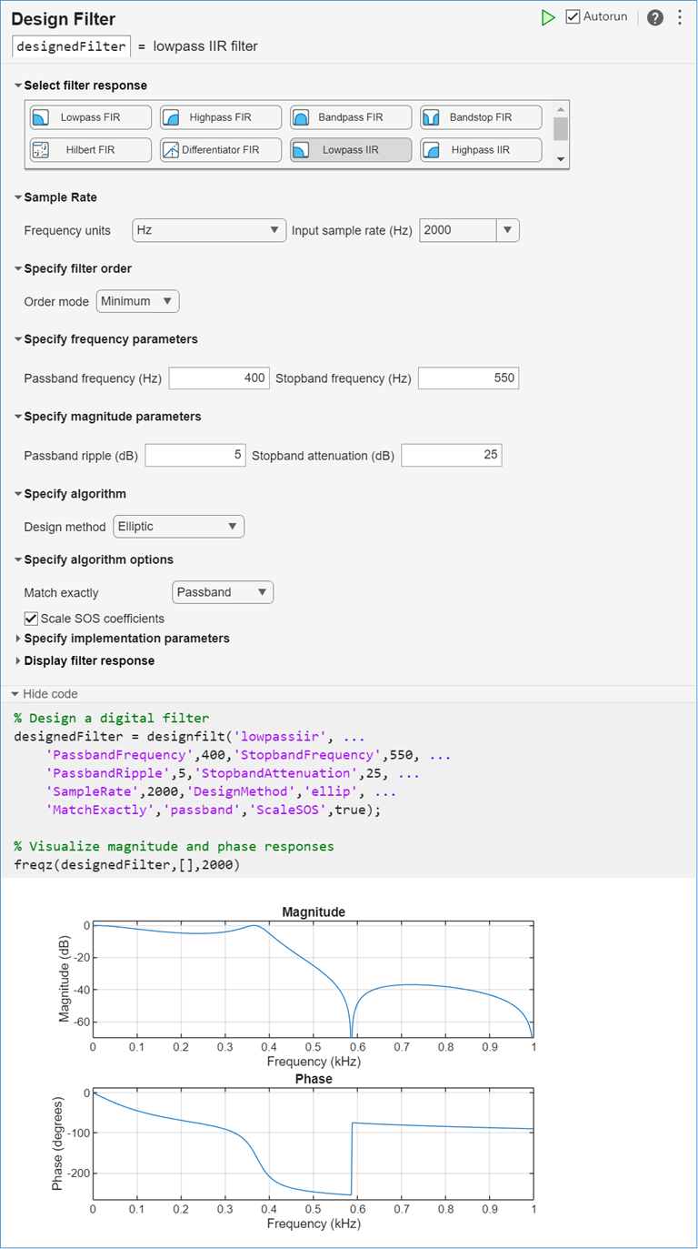 Lowpass IIR filter design using Live Editor task