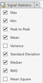 Signal statistics button showing all the statistic measurement options selected.